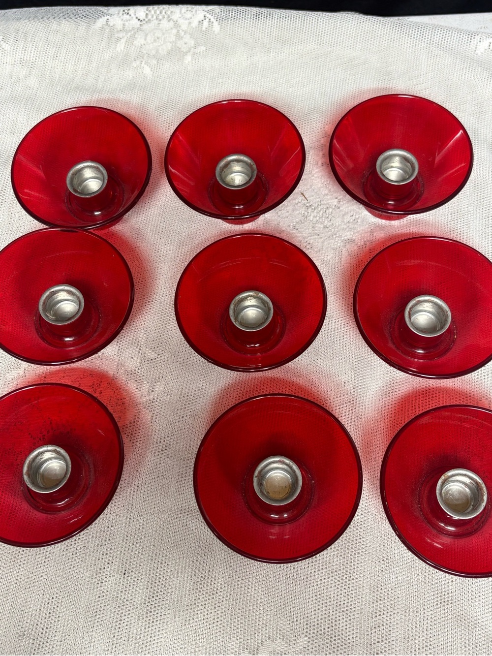 9 Vintage MCM Ruby Red Lucite Candle Holders Christmas Retro Kitsch Atomic